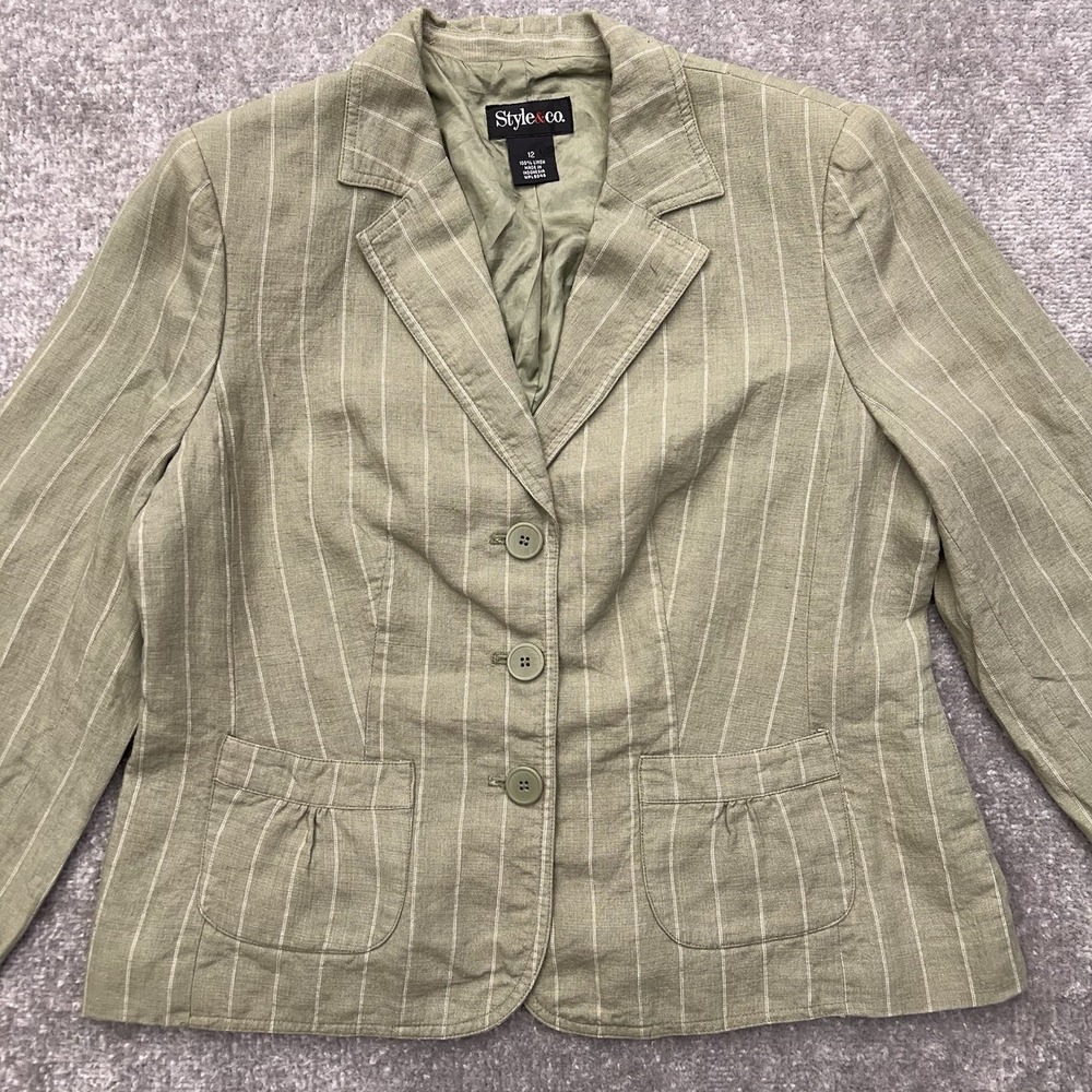 STYLE & CO Womens Size 12 Striped 100% Linen Blazer Patch Pockets Sage Green Y2K - Picture 2 of 14